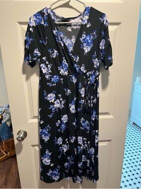 Torrid Black Wrap Midi Dress with Blue and White Floral Print